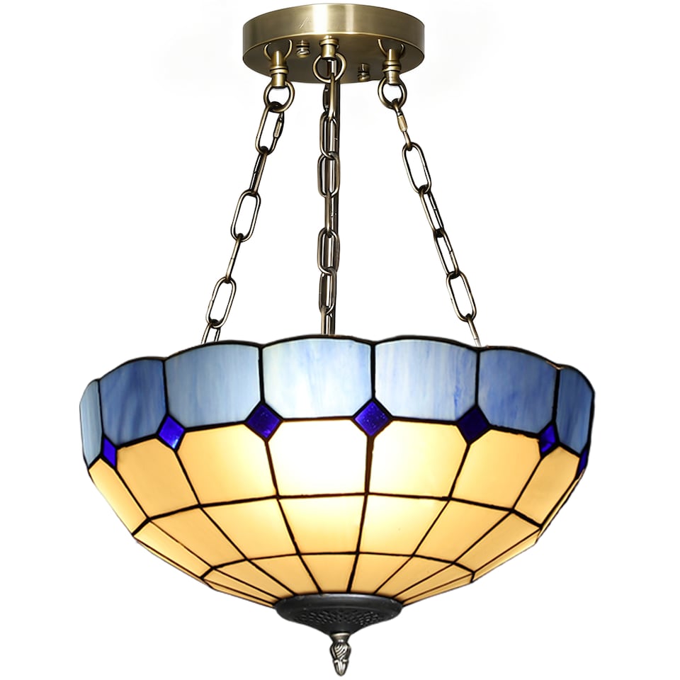 image 1 of HOMCOM 40 cm Tiffany Style Ceiling Light, Vintage Stained Glass Chandelier with 3 E27 Sockets, Semi Flush Mount Pendant Light for Living Room, Bedroom, Hallway, Bulbs Not Included, Blue and White | Blue