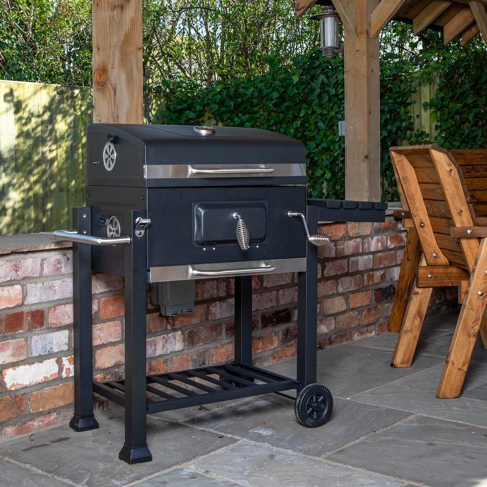 image 1 of Samuel Alexander 115x46x106cm Black Steel Portable Rectangular BBQ Trolley with Thermometer Gauge and Cover