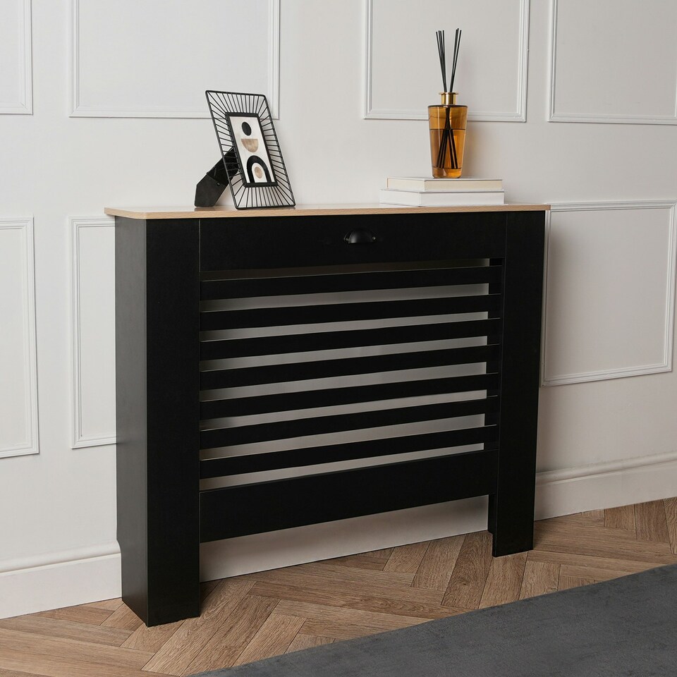 image 1 of OHS Horizontal Slatted MDF Modern Grill Shelf Cabinet Radiator Cover, Medium - Black