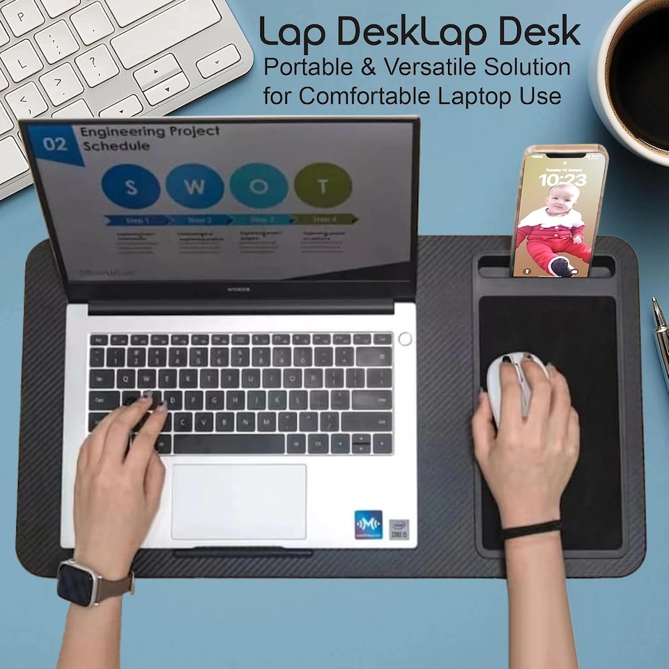 image 1 of Lap Desk Laptop Tray with Cushion Portable Notebook Tablet Computer Table Stand Mouse Pad, Phone Slot, Wrist Rest, For Sofa & Bed