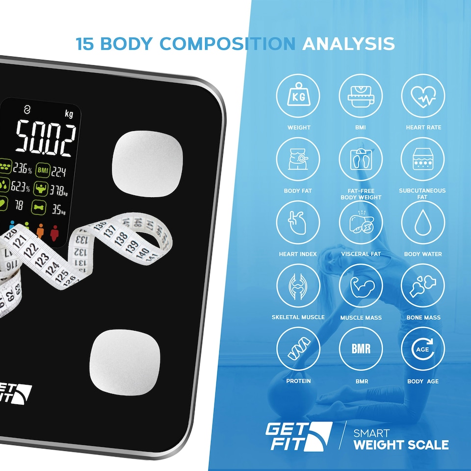 image 1 of Get Fit Smart Body Fat Bathroom Scales - Monitor Weight Loss Digital Weighing Scale, 15 Body Composition Monitor, Free App, Large Colored VA LED Screen - Black