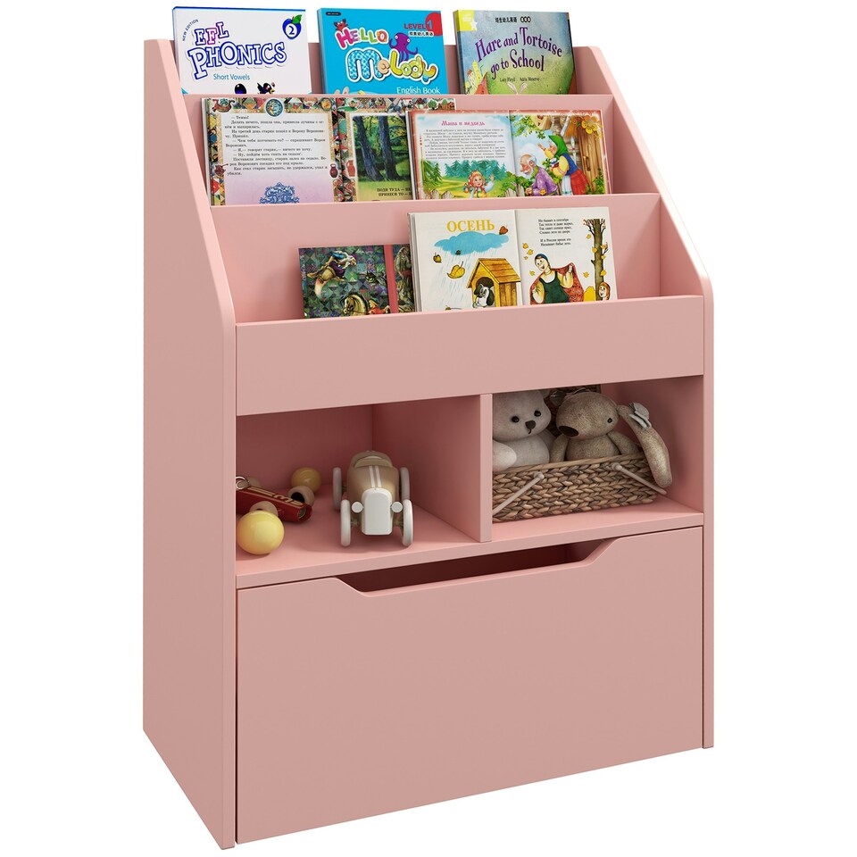image 1 of HOMCOM Kids Bookcase, Toy Box w/ Storage Drawer, Wheels for Bedroom - Pink