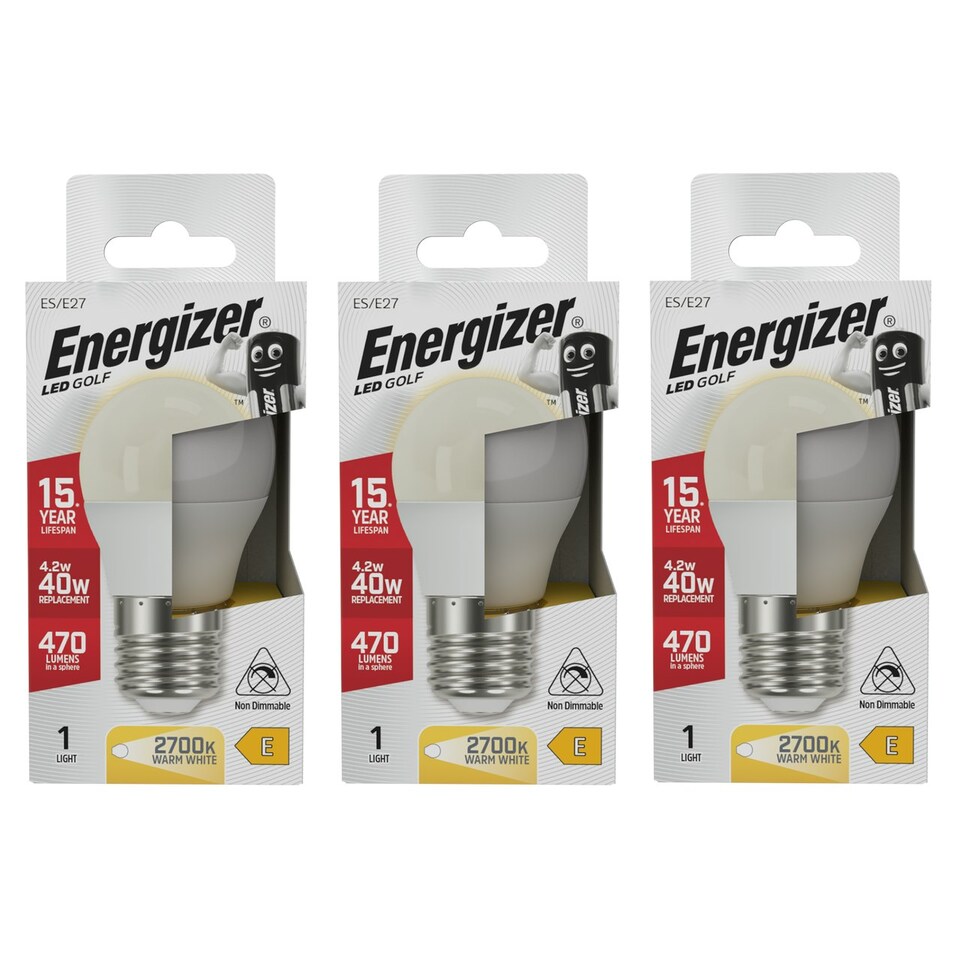 image 1 of Energizer LED Golf Ball E27 470lm 4.2W 2700K (Warm White) Light Bulb - Pack of 3