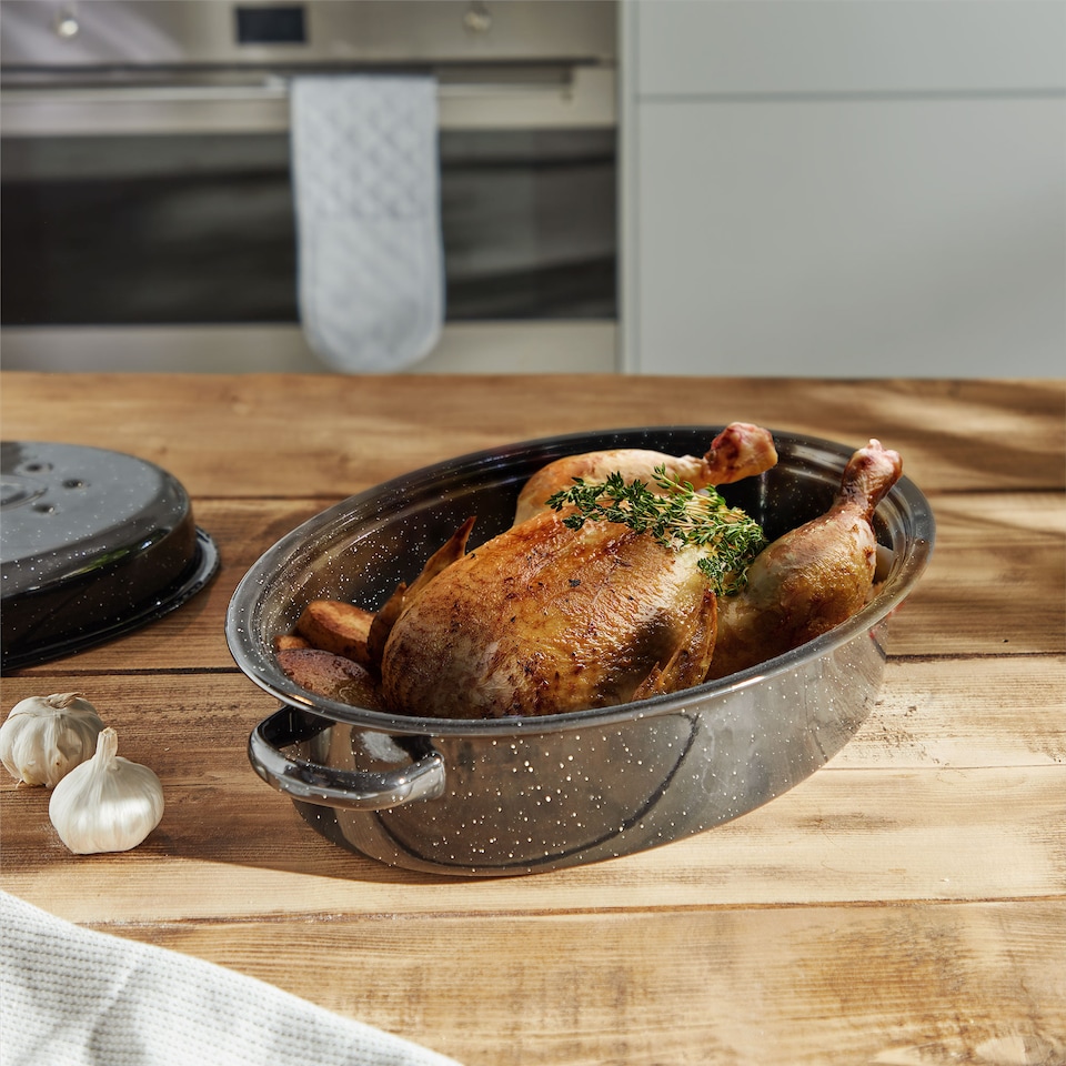 image 1 of VonShef Enamel Roaster with Lid, Self-Basting, Non-Stick Steel Roasting Tin
