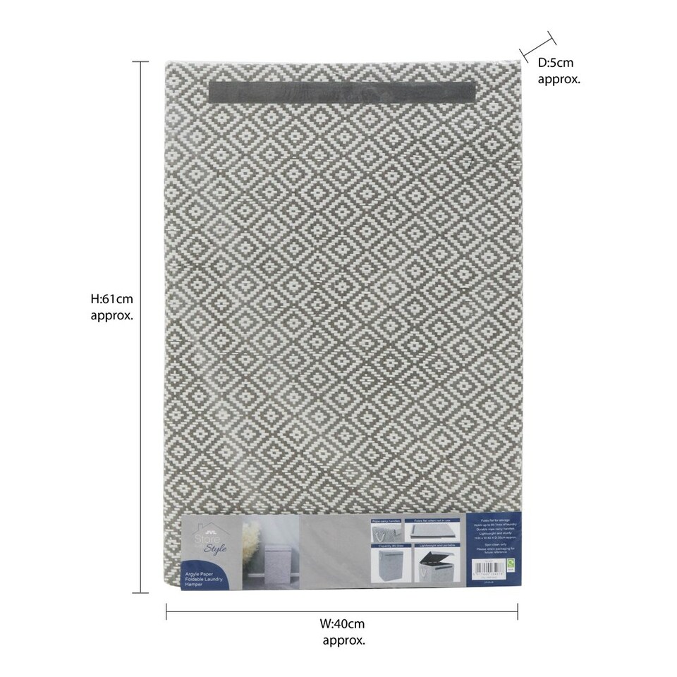 image 1 of JVL Argyle Rectangular Foldable Paper Lidded Storage - Light Grey Grey