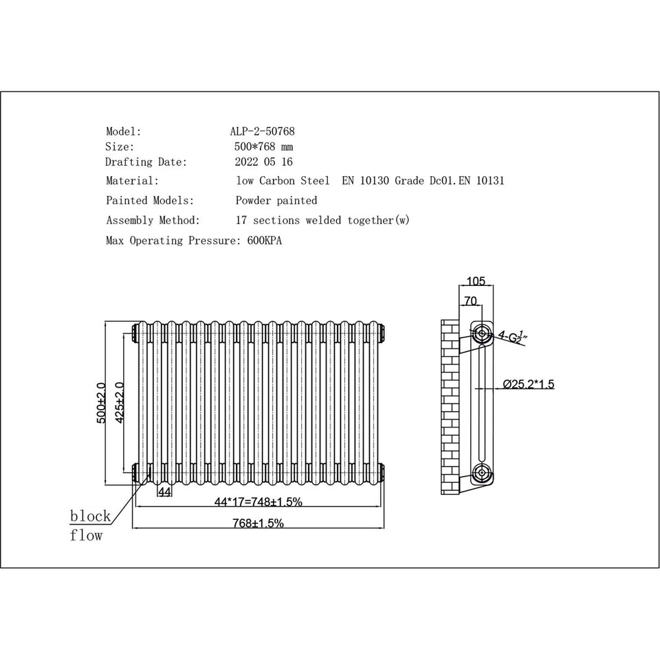 image 1 of Alpha - Raw Metal Column Radiator H500mm x W768mm 2 Column