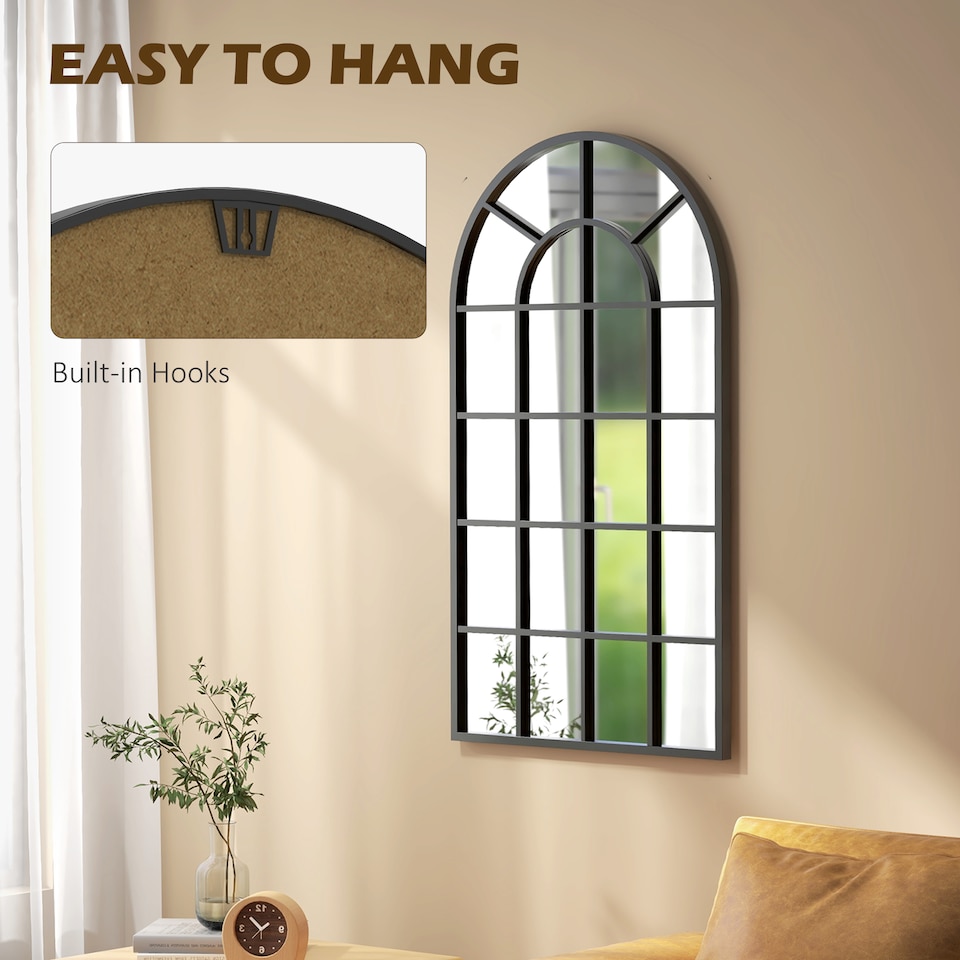 image 1 of HOMCOM Modern Arch Window Wall Mirror for Living Room Bedroom, 110x65cm, Black