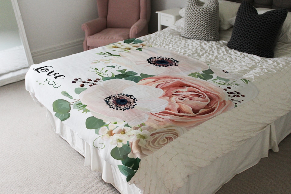 image 1 of Garden Flower Pink Peach Rose White Anemone Blanket | Multi