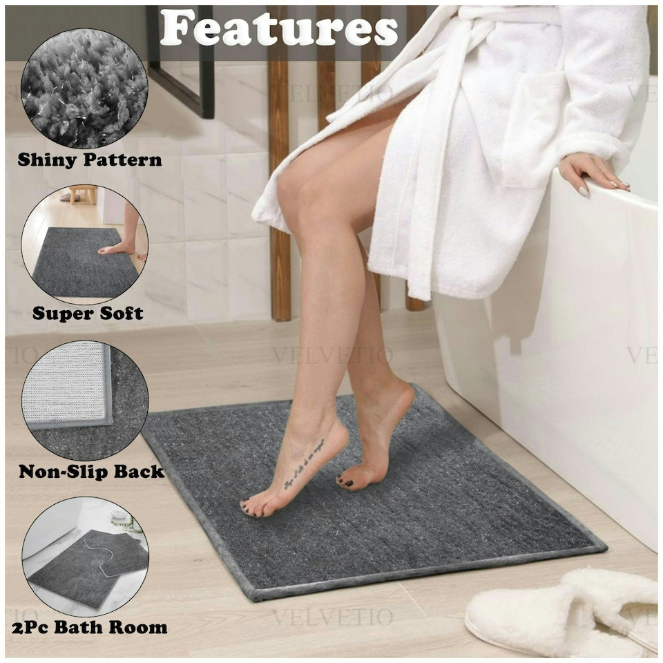 image 1 of VELVETIO Shiny Sparkling Bath Set Anti Slip Pedestal Mat Bathroom Rugs Cream | Mint