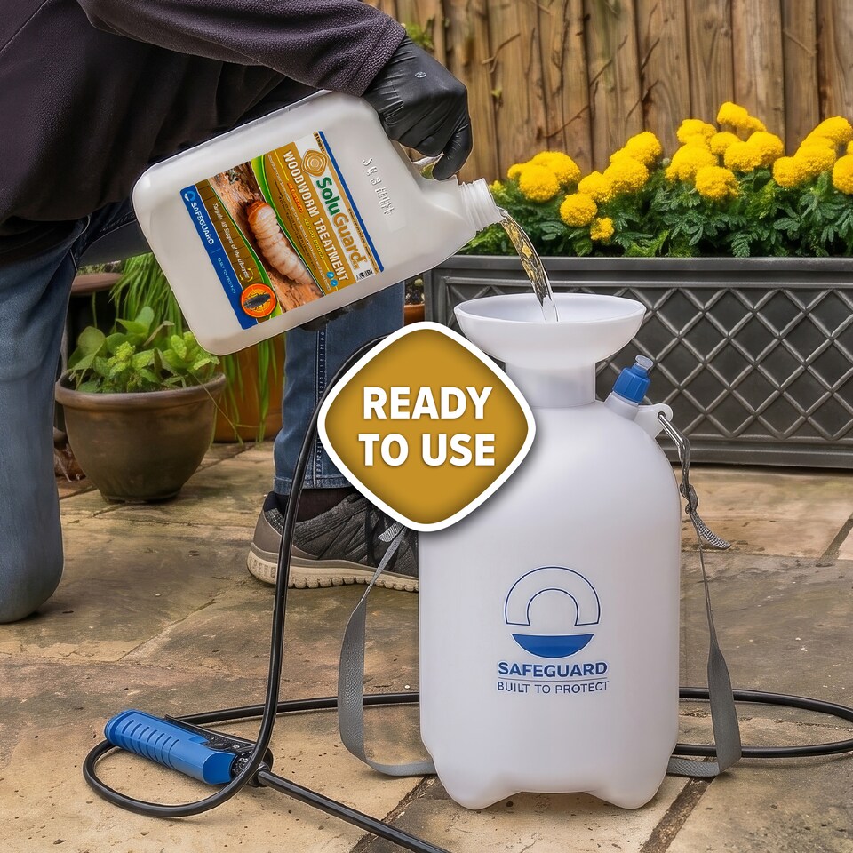 image 1 of Soluguard Woodworm Treatment (1x5L Clear & Sprayer) Ready for Use & Pump Action Pressure Sprayer.  Solvent-Free Woodworm Killer.