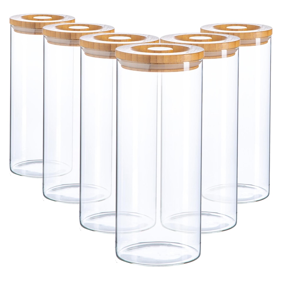 image 1 of Argon Tableware Glass Storage Jars - Carved Wood Lid - 1.5 Litre - Modern Round Scandi Organisation Container Glass Jar - Set of 6