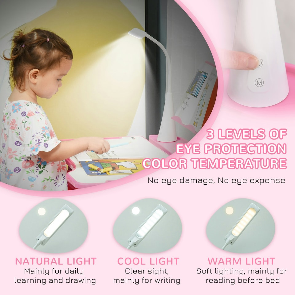 image 1 of HOMCOM Kids Desk and Chair Set, Height Adjustable Study Desk with USB Lamp