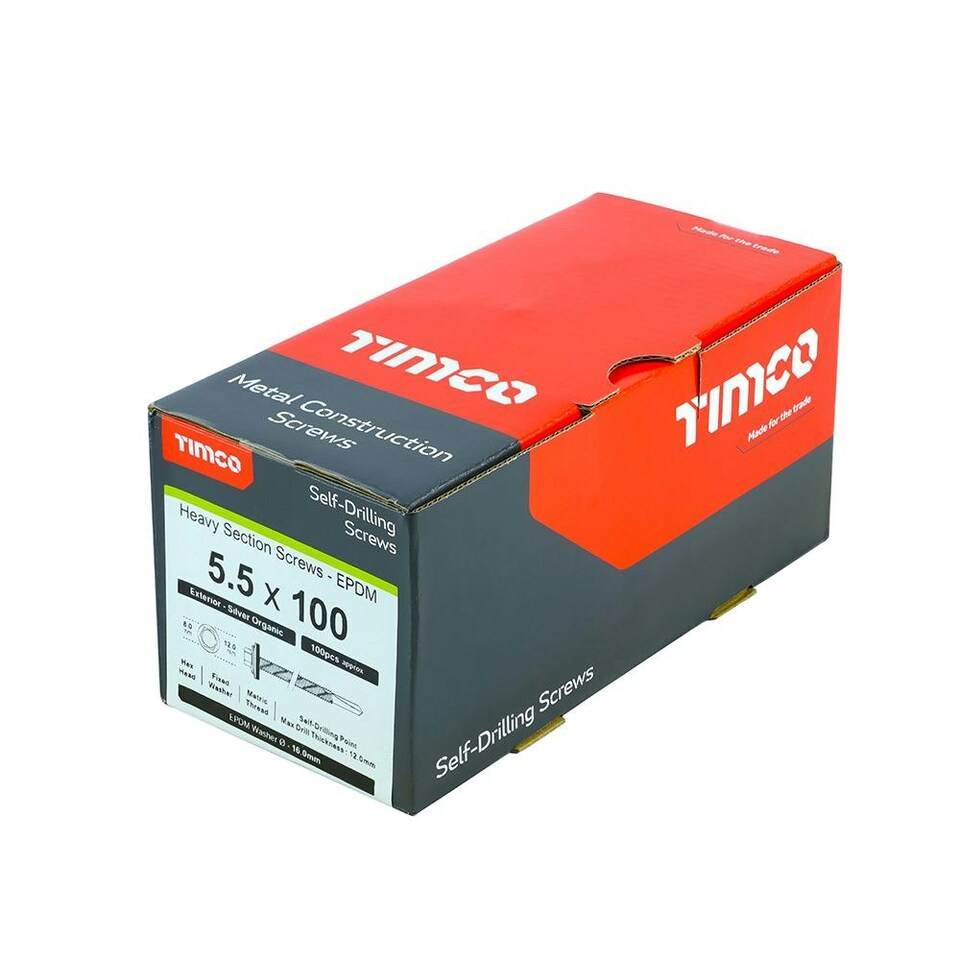 image 1 of Timco - Metal Construction Heavy Section Screws - Hex - EPDM Washer - Self-Drilling - Exterior - Silver Organic (Size 5.5 x 100 - 100 Pieces)