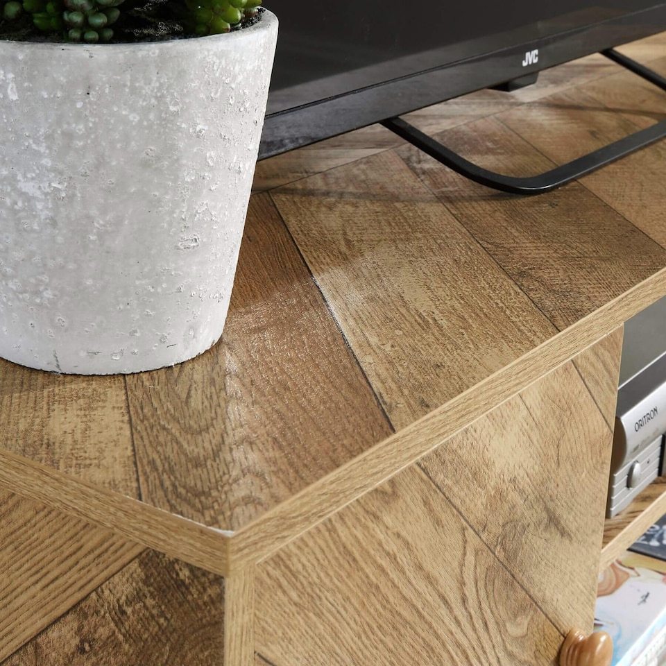 image 1 of TV Stand 2 Door Black Frame Open Storage Media Entertainment Home Furniture | Brown