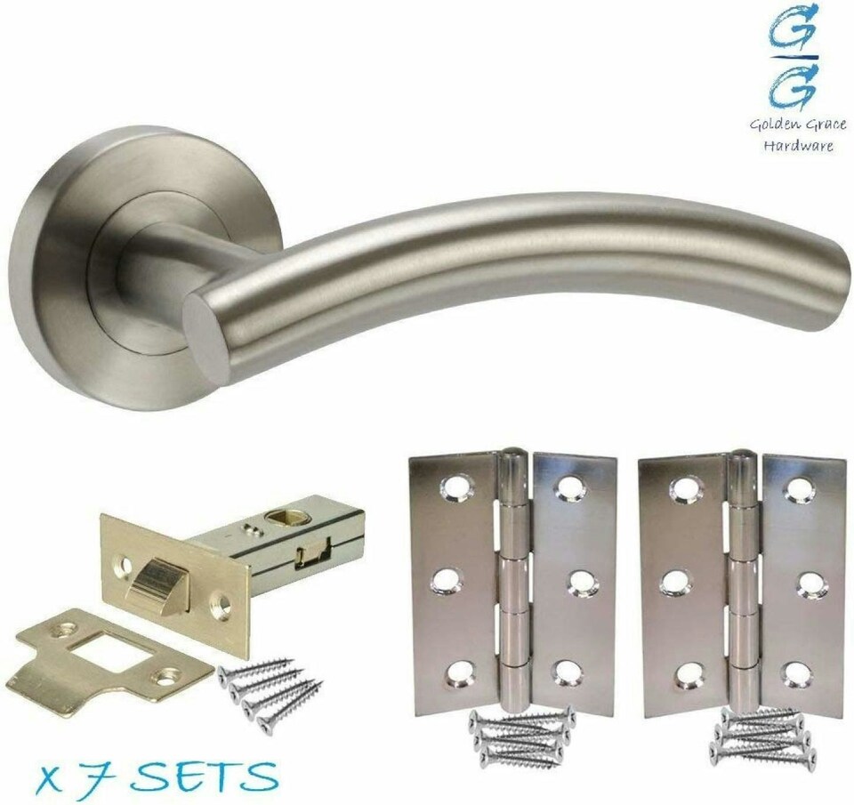 image 1 of Golden Grace 7 Set Internal Arched T-Bar Lever Door Handle on Round Rose in Satin Chrome with Latch Hinges | Grey | 7 Pairs