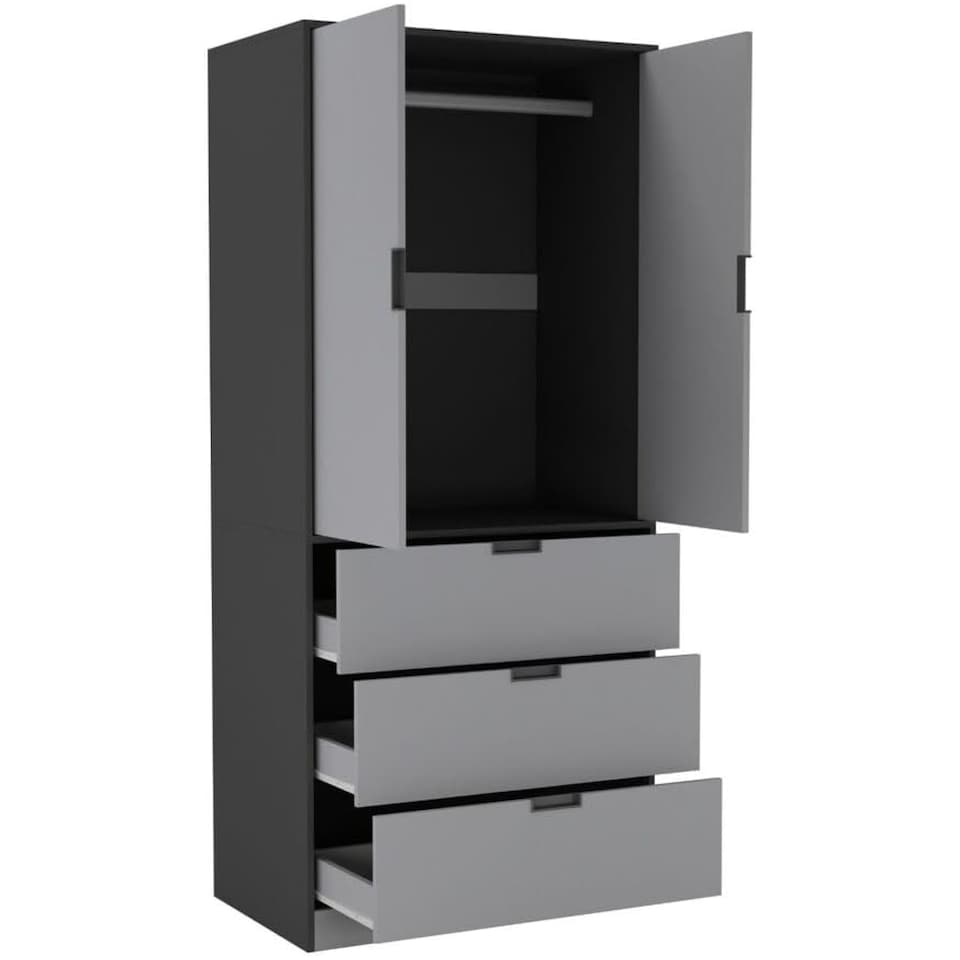 image 1 of 2 Door 3 Drawer Wardrobe with Hanging Rail - Modern Bedroom Storage Furniture | Black | Black with Grey Doors | 1