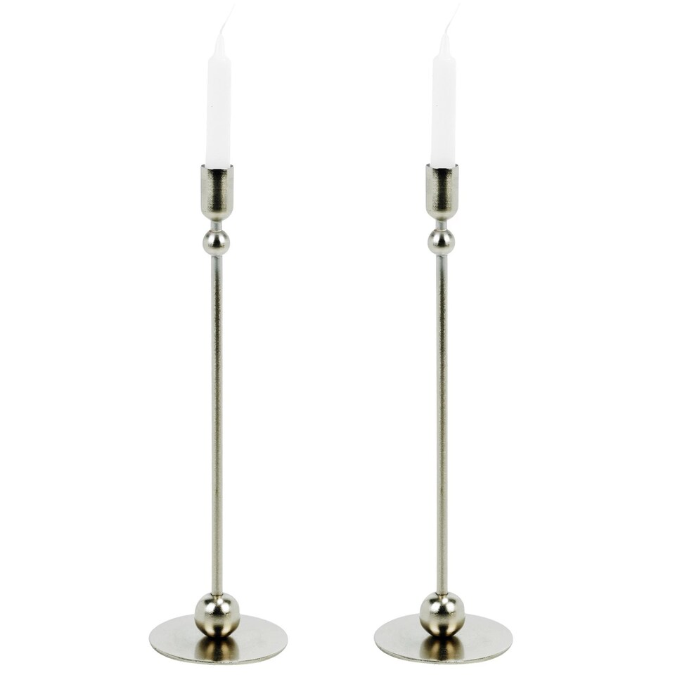 image 1 of 33cm Tall Metal Iron Taper Candle Stick Holder Dinner Table Wedding Party Decor | Silver | 2 x Silver