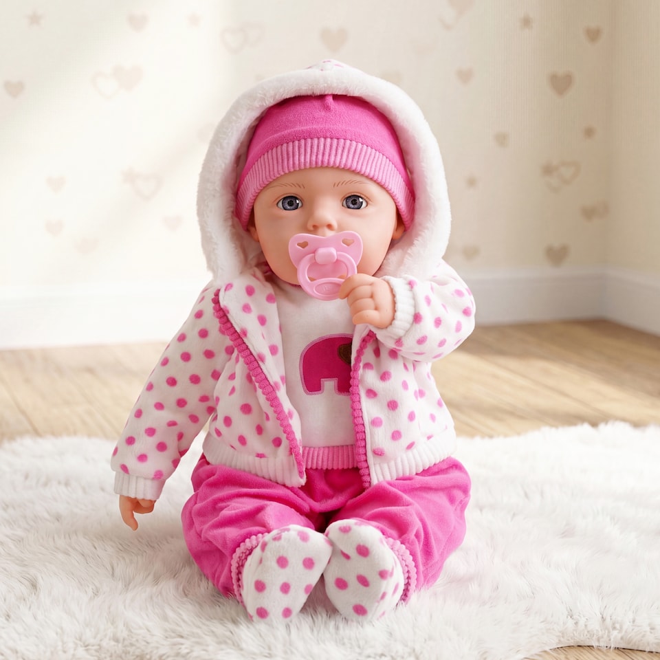 image 1 of BiBi Doll 20" Dots Baby Doll Girl with Spotty Coat Outfit, Sounds & Dummy Toy