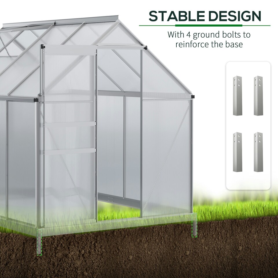 image 1 of Outsunny Polycarbonate Walk-in Garden Greenhouse w/ Sliding Door Silver Tone