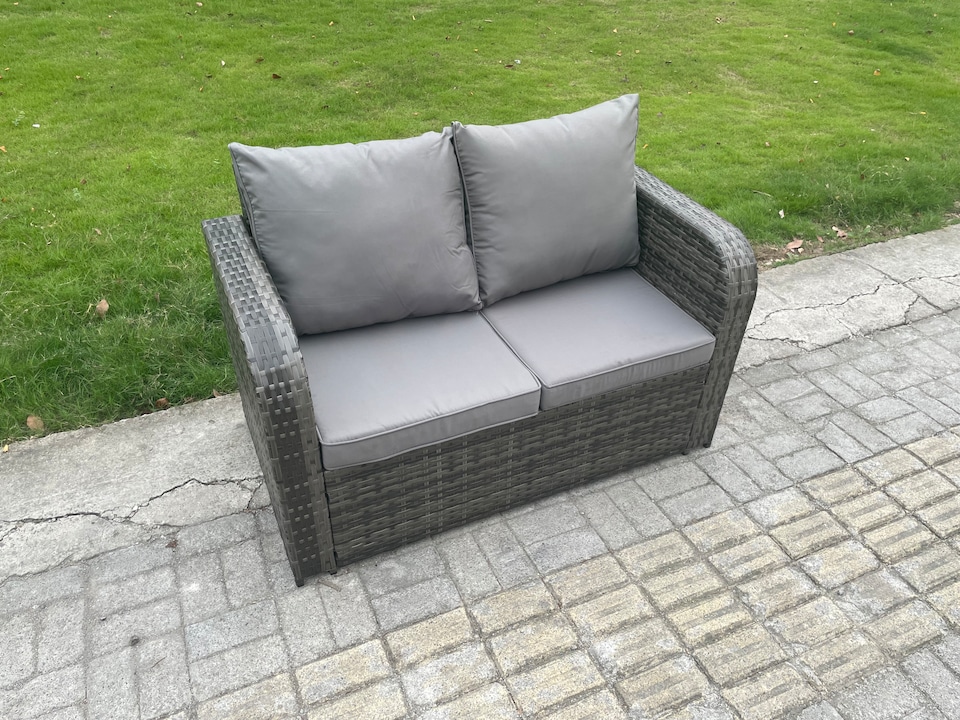 image 1 of Fimous 8 Seater High Back Rattan Garden Furniture Set with Square Coffee Table 2 Big Footstool Love Sofa Indoor Outdoor Patio Lounge Sofa Set Dark Grey Mixed