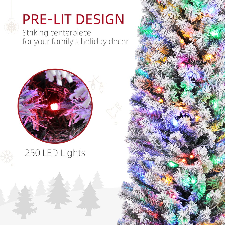 image 1 of HOMCOM 7ft Pre Lit Artificial Christmas Tree Holiday Decor with 250 Colourful LED Lights and 592 Snow Flocked Tips, Pine Cone, Berry, Ball Tree Decoration