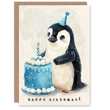 Cute Cake Cartoon Kids Girl Boy Penguin Child Baby Birthday Card
