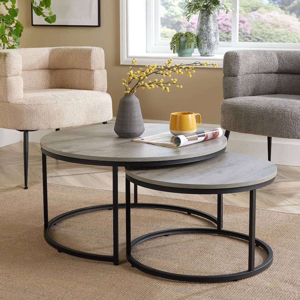 image 1 of Nest of 2 Grey Tables Round Stackable Side Unit Industrial Living Room Furniture