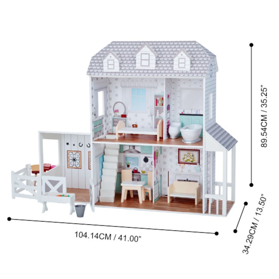 image 1 of Teamson Kids Wooden Farmhouse 2 Storey Doll House for 12" Dolls, Dollhouse
