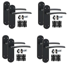 Golden Grace 4 Pairs Victorian Indiana Design Long Rounded Backplate Internal Door Handle Matt Black with 2.5" Latch & Hinges - 182mm x 45mm
