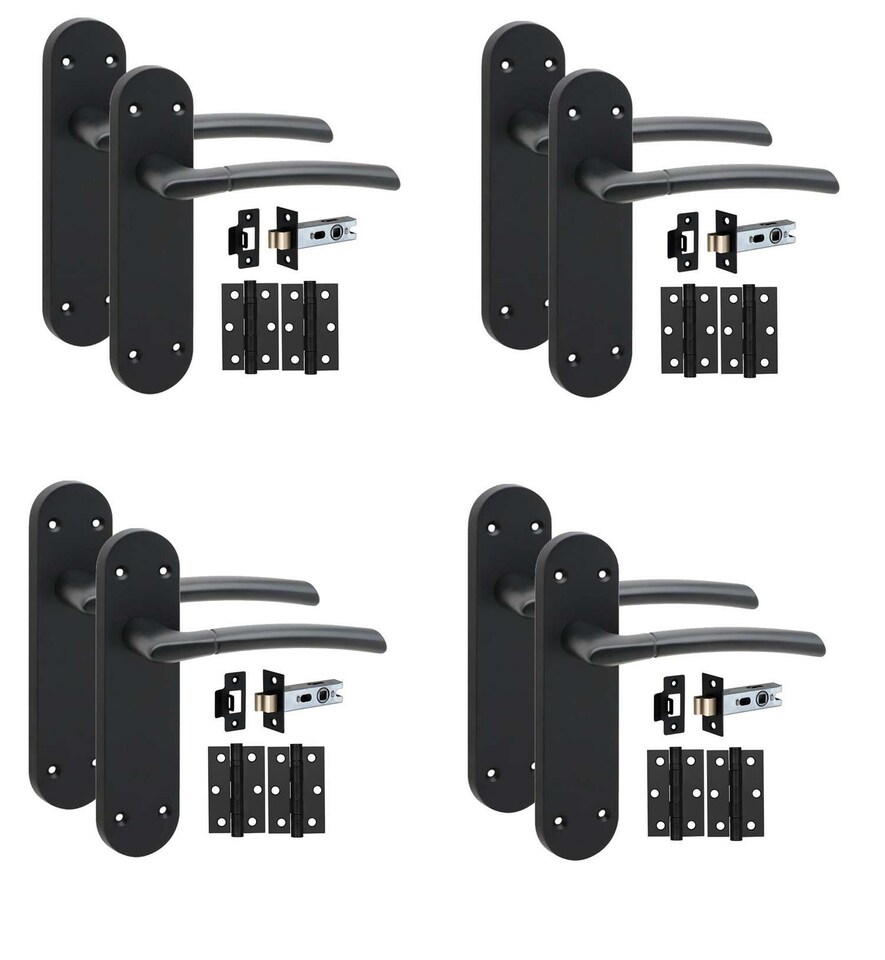 image 1 of Golden Grace 4 Pairs Victorian Indiana Design Long Rounded Backplate Internal Door Handle Matt Black with 2.5" Latch & Hinges - 182mm x 45mm