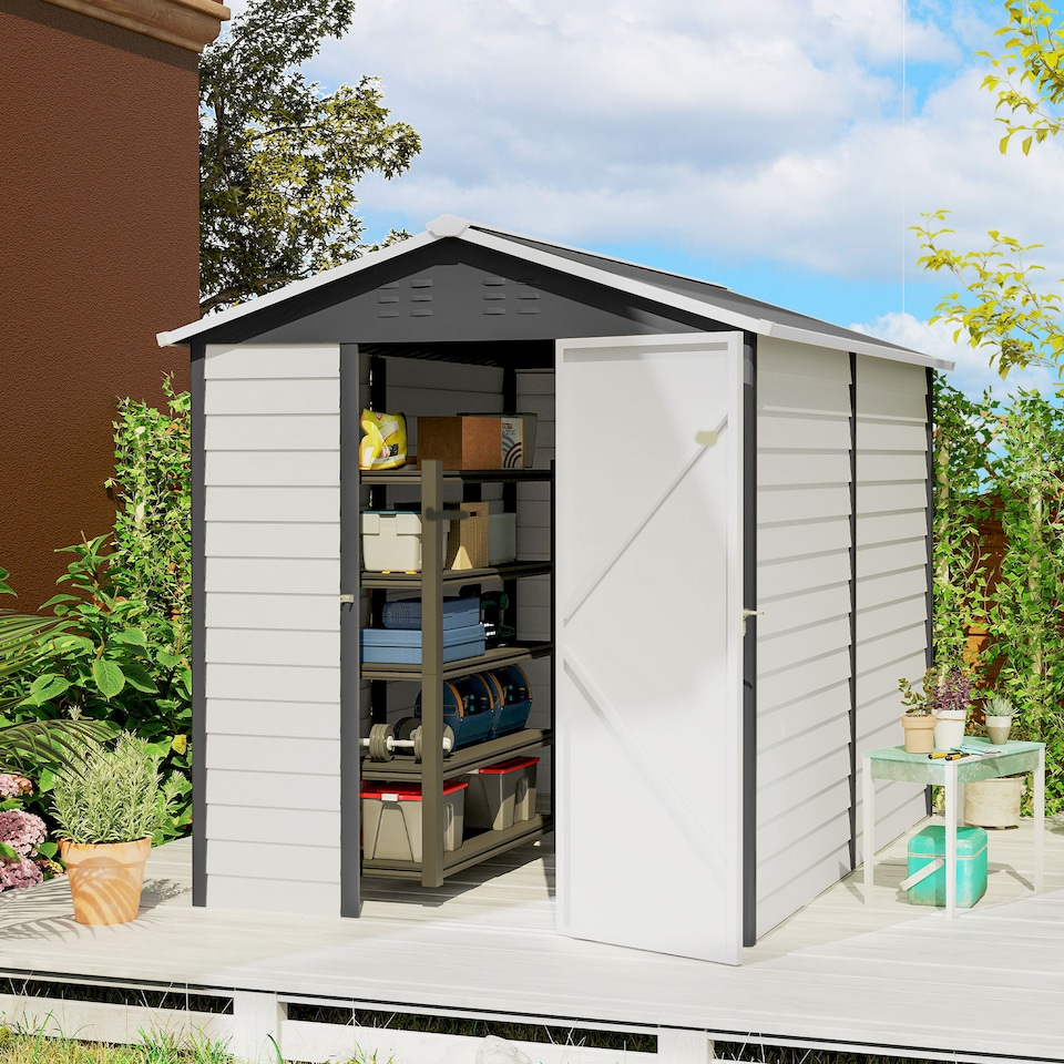 image 1 of Outsunny 9'x6' Galvanised Metal Garden Shed Tool Storage Shed for Patio Grey