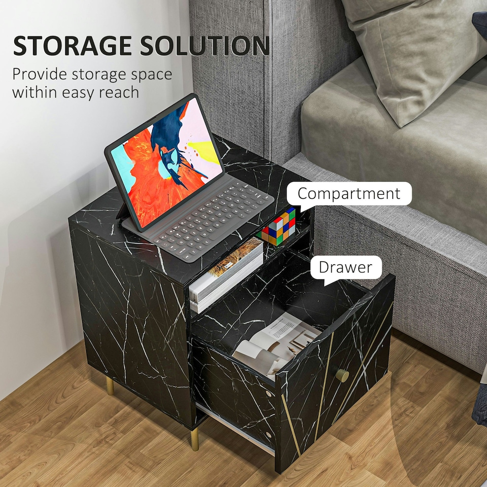 image 1 of HOMCOM Modern Bedside Table with Drawer and Open Shelf Black Marble Effect
