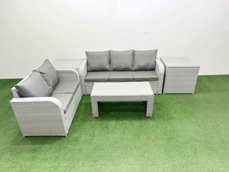 image 1 of Fimous 5 Seater PE Rattan Wicker Garden Furniture Patio Conservatory Sofa Set with Oblong Coffee Table 3 Seater Sofa Love Sofa 2 Side Table