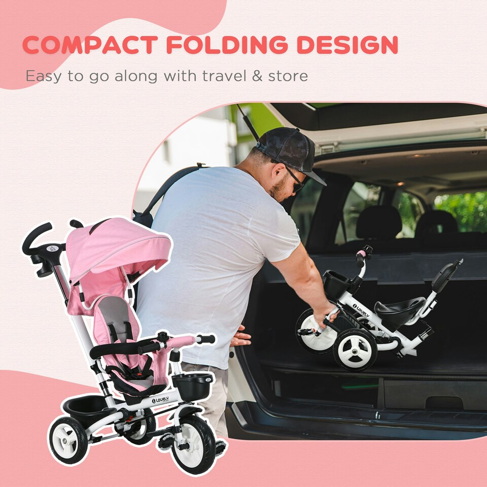 image 1 of HOMCOM 6 in 1 Trike for Toddler 1-5 Years with Parent Handle, Pink