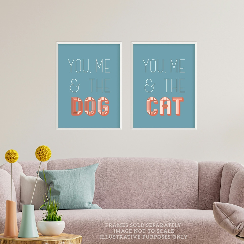 image 1 of Set of 2 You Me And The Cat Dog Lover Retro Teal Blue Pink Wall Art Prints 12x16 Inch