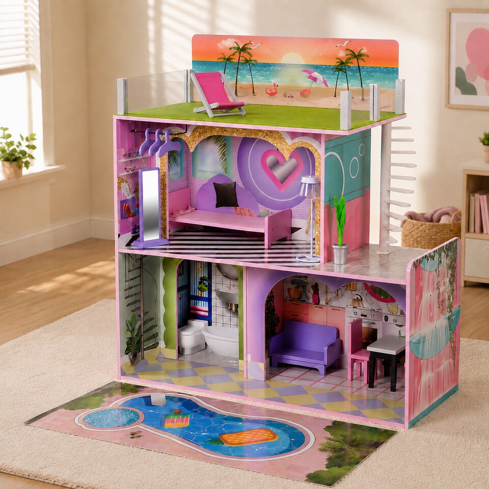 image 1 of Teamson Kids Wooden Dollhouse, 3 Levels and 16 Accessories, Dreamland Sunset