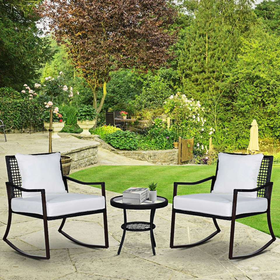 image 1 of Outsunny 3 Pcs Rocking Chair Bistro Set Furniture Rattan Wicker Brown