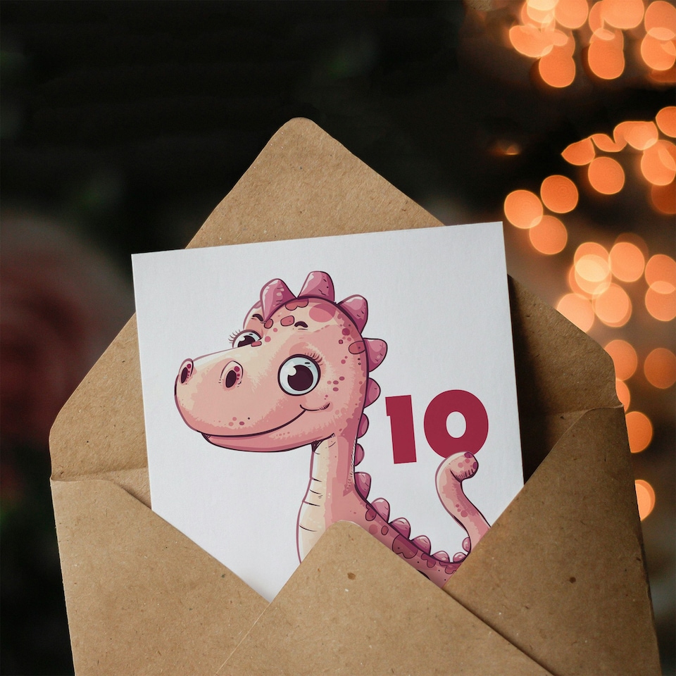 image 1 of Cute Pink Dinosaur Cartoon Kids Age 10 Year Child 10th Birthday Card