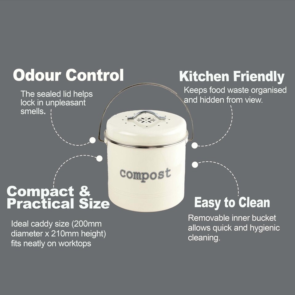 image 1 of Apollo 3L Cream Metal Kitchen Compost Caddy with Lid and Activated Charcoal Filter Countertop Food Waste Bin Odor Control Handle