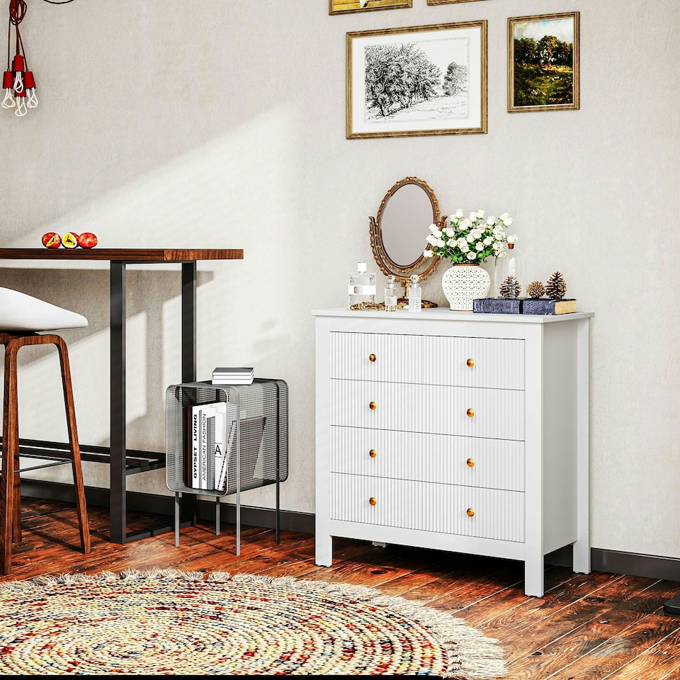 image 1 of HOMCOM Fluted Bedroom Chest of Drawers w/ 5 Drawers Gold Tone Handles White