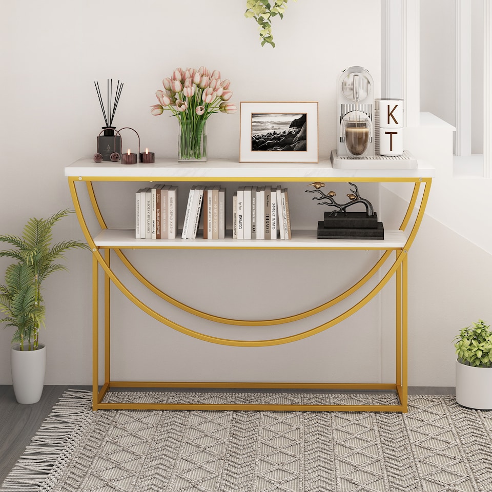 image 1 of COSTWAY 2-Tier Faux Marble Top Console Entryway Table White