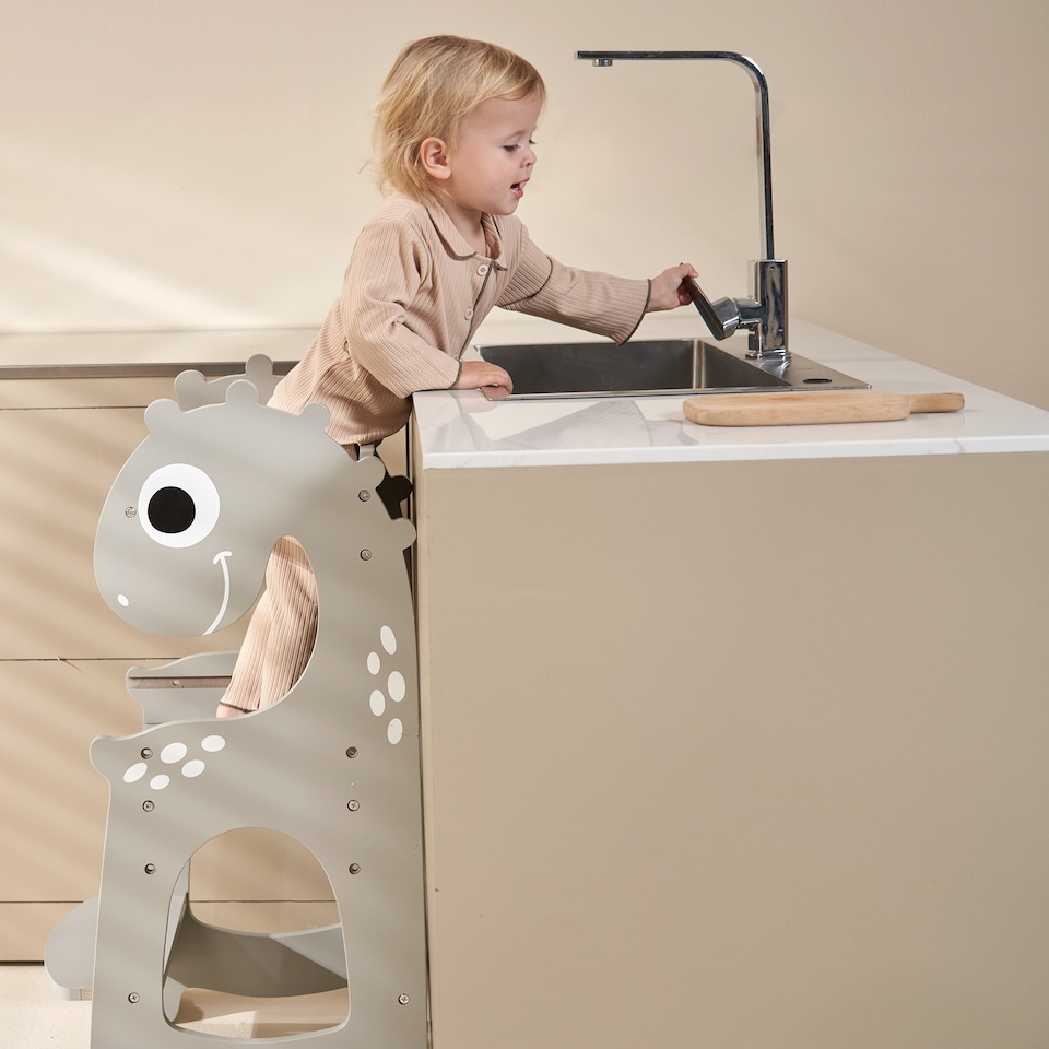 image 1 of Kidoz Toddler Learning Tower - Kitchen Helper with Safety Rail - Dinosaur Grey