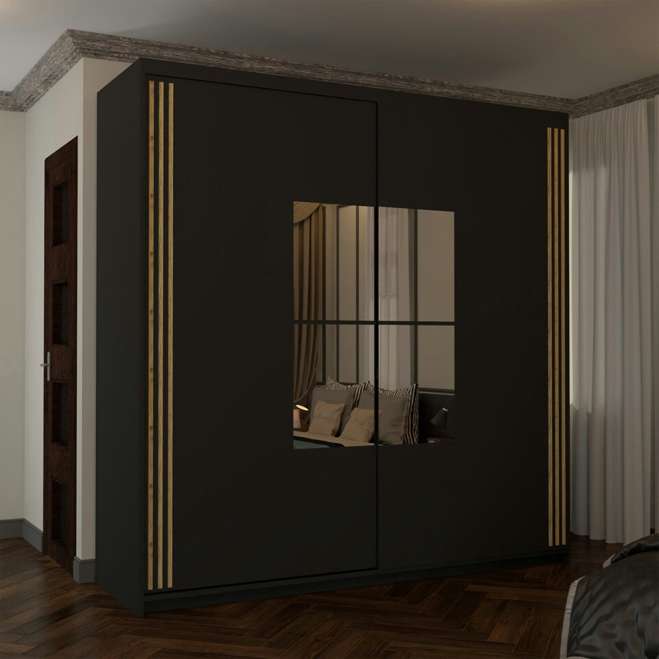 image 1 of Spacious 203cm Sliding Wardrobe with Paneled Mirror Doors & Votan Strip | Adjustable Interior | White, Black, Grey, Oak Black | Black203cm