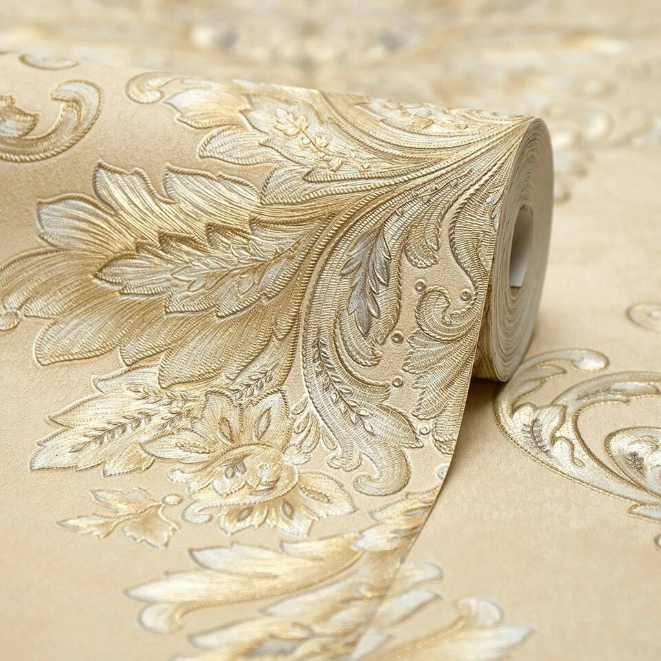 image 1 of Jasmine Damask Wallpaper in Sand with Metallic Gold Multi