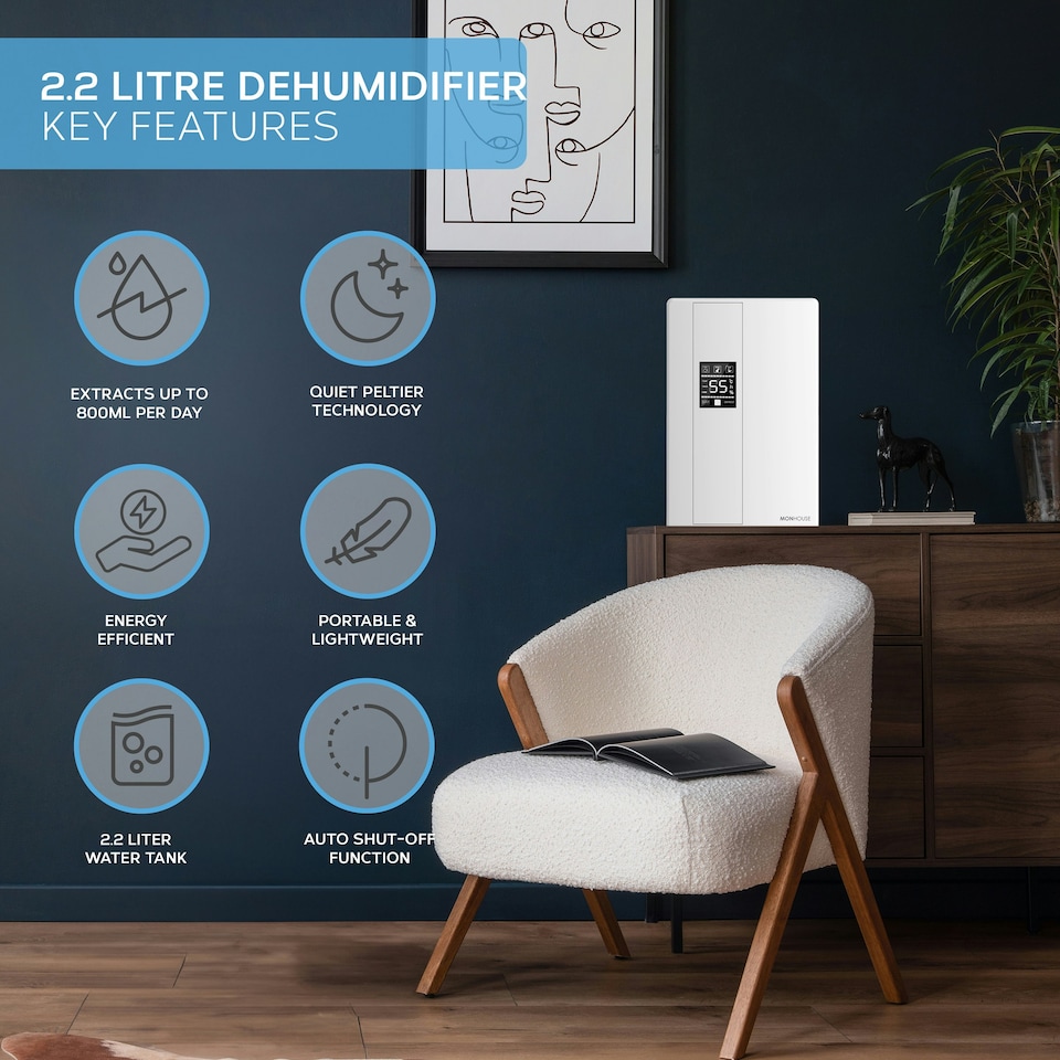 image 1 of MONHOUSE Premium Dehumidifier for Home - 2200ml Tank - Remote Controlled, Sleep & Defrost Mode LED Display, 24 hr Timer & Auto Shut Off - Damp Absorber - White