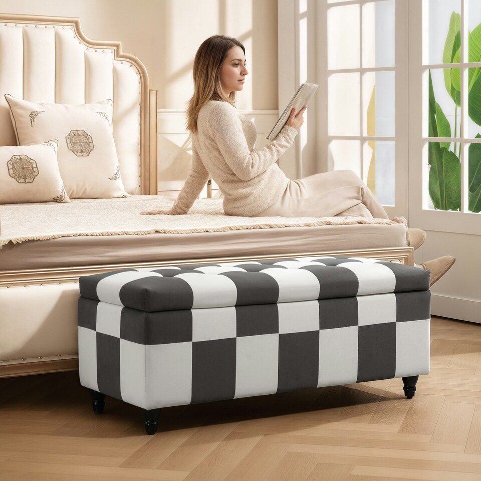 image 1 of HOMCOM 114 x 47 x 47cm Velvet Storage Ottoman, Button-tufted Footstool Box Grey