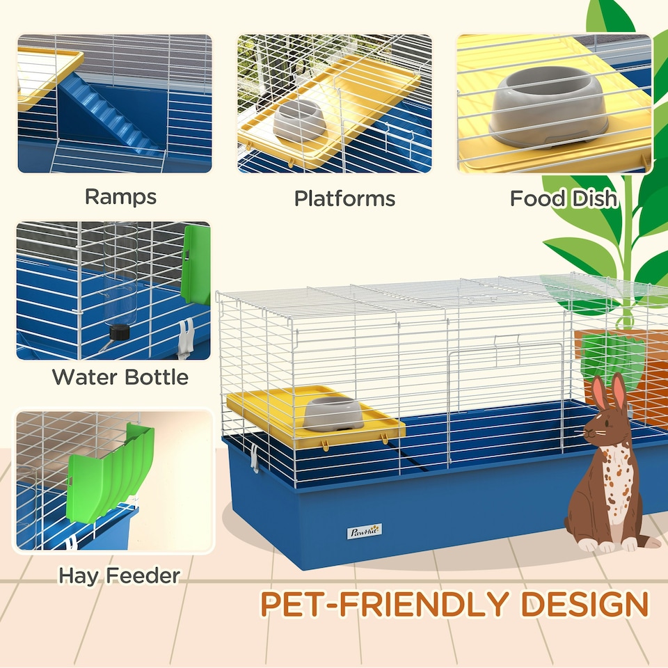 image 1 of PawHut Small Animal Cage, Rabbit Guinea Pig Hutch, Pet Playhouse, Blue