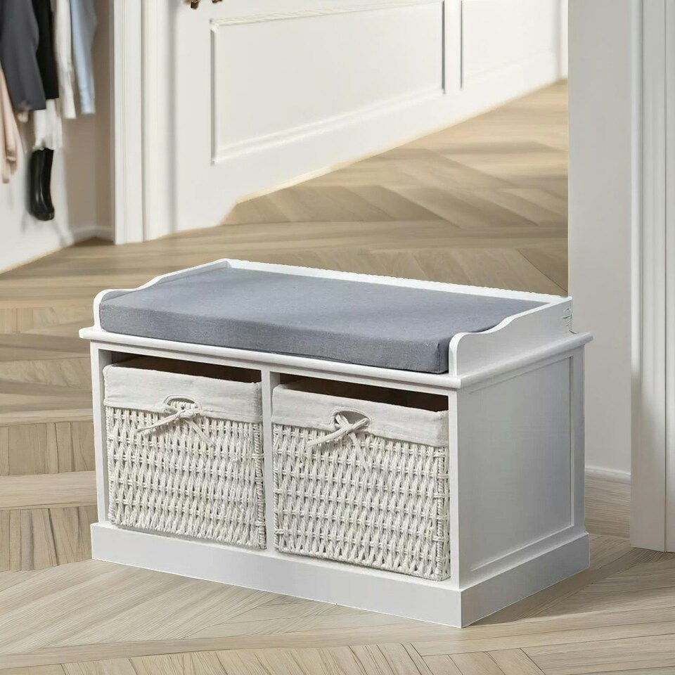 image 1 of Shoe Storage Bench With Cushioned Seat And 2 Drawers White White