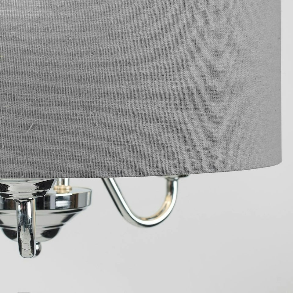 image 1 of ValueLights Modern Chrome 3 Way Curved Arm Grey Linen Slimline Drum Ceiling Light Pendant