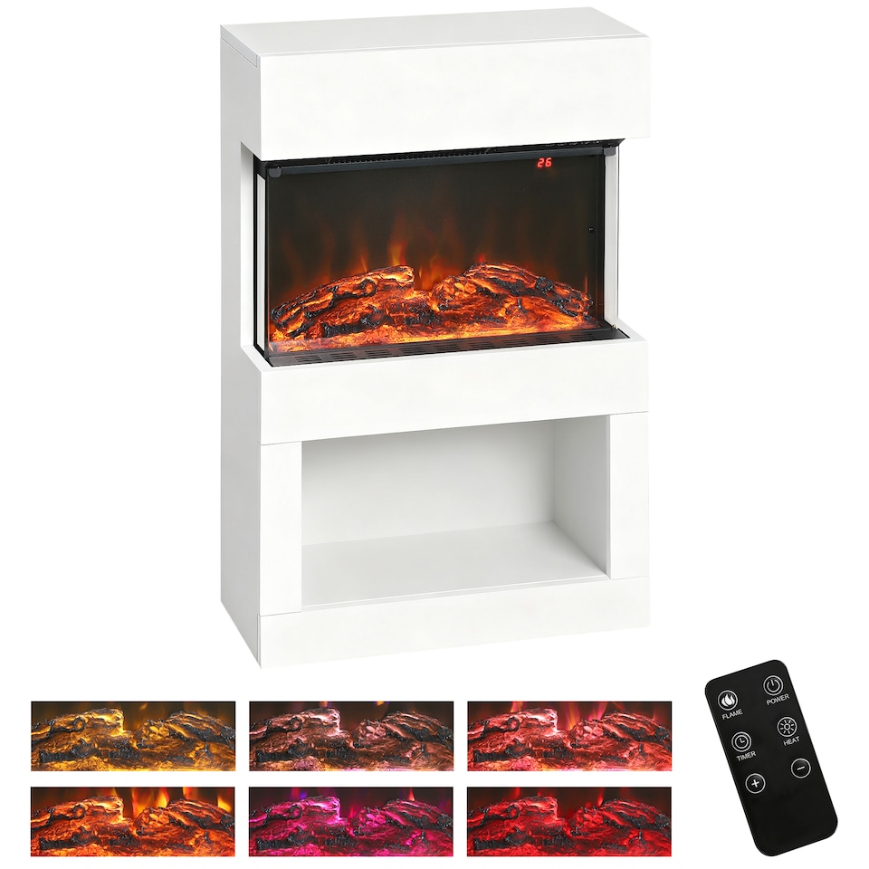 image 1 of HOMCOM Electric Fireplace with 3D Flame Effect, 6 Colours & 3 Brightness Levels, 1000W/2000W White Electric Fire and Mantel Reach up to 30㎡ Space with Remote & Timer, 3 Sided View for Living Room | White